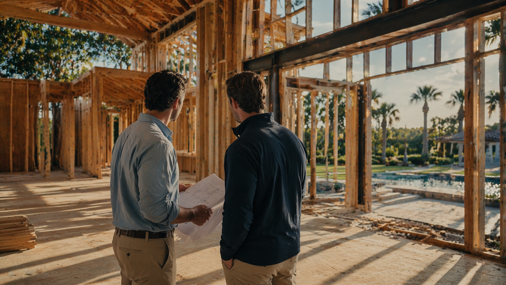 Construction professional and owner's representative reviewing site progress at a luxury custom home build in Central Florida