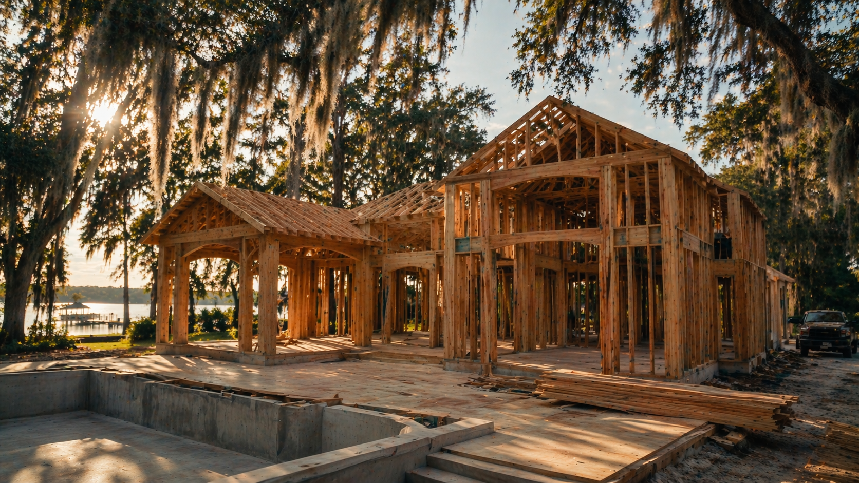 Custom home framed structure on a Windermere lakefront lot showing high-end residential construction in progress