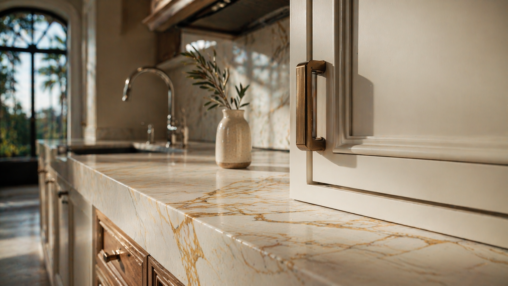 High-end interior finish detail in a luxury custom home in Central Florida showing custom cabinetry, marble, and brushed bronze hardware