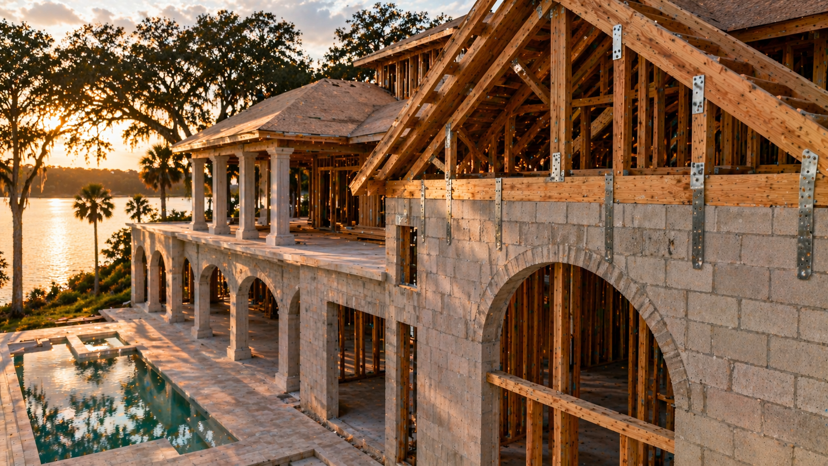 Florida-specific concrete masonry unit construction on a luxury custom home with hurricane-rated framing details visible