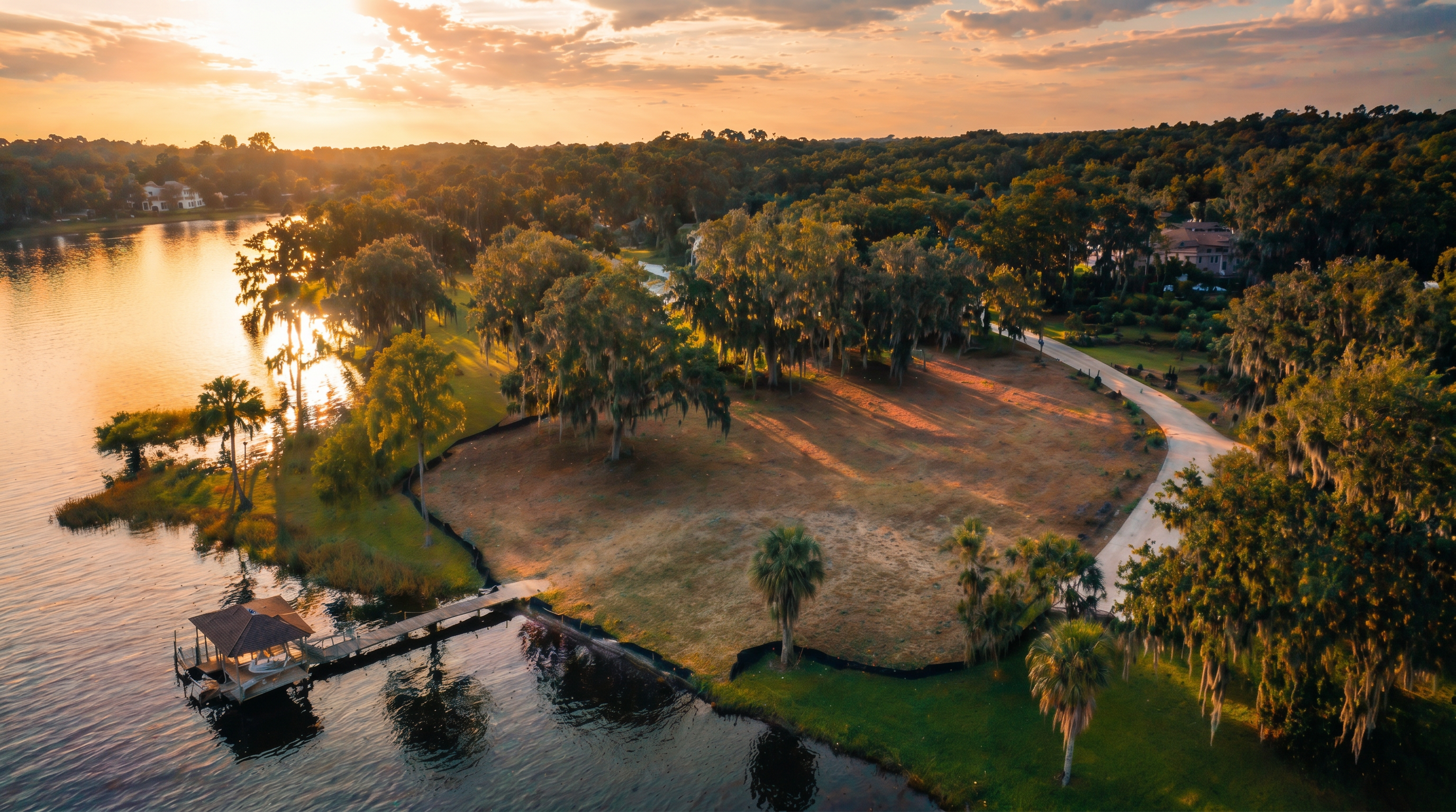 Aerial view of a luxury custom home estate on a Central Florida lakefront lot at golden hour