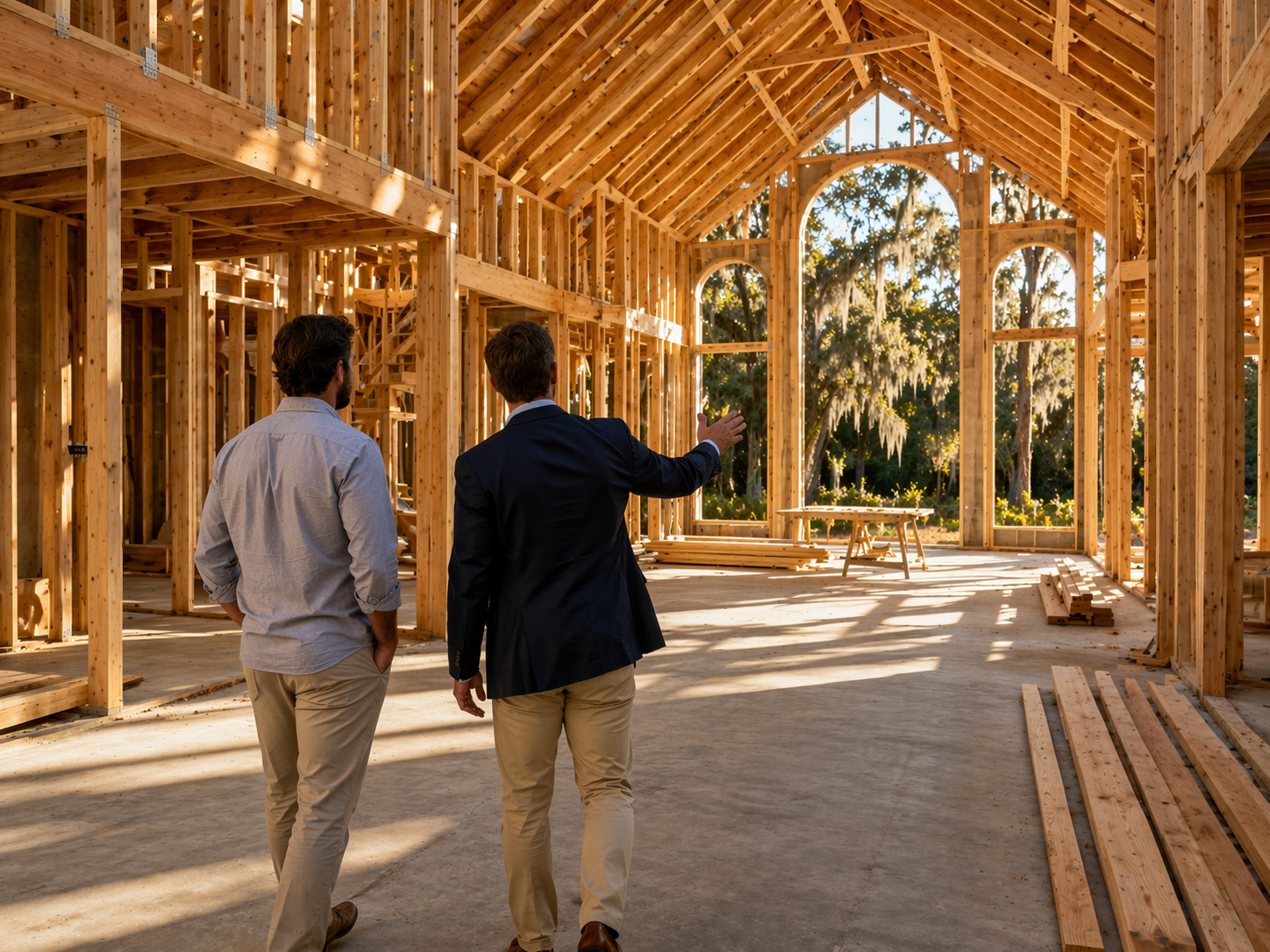 Luxury realtor walking a buyer through a custom home construction site in Central Florida