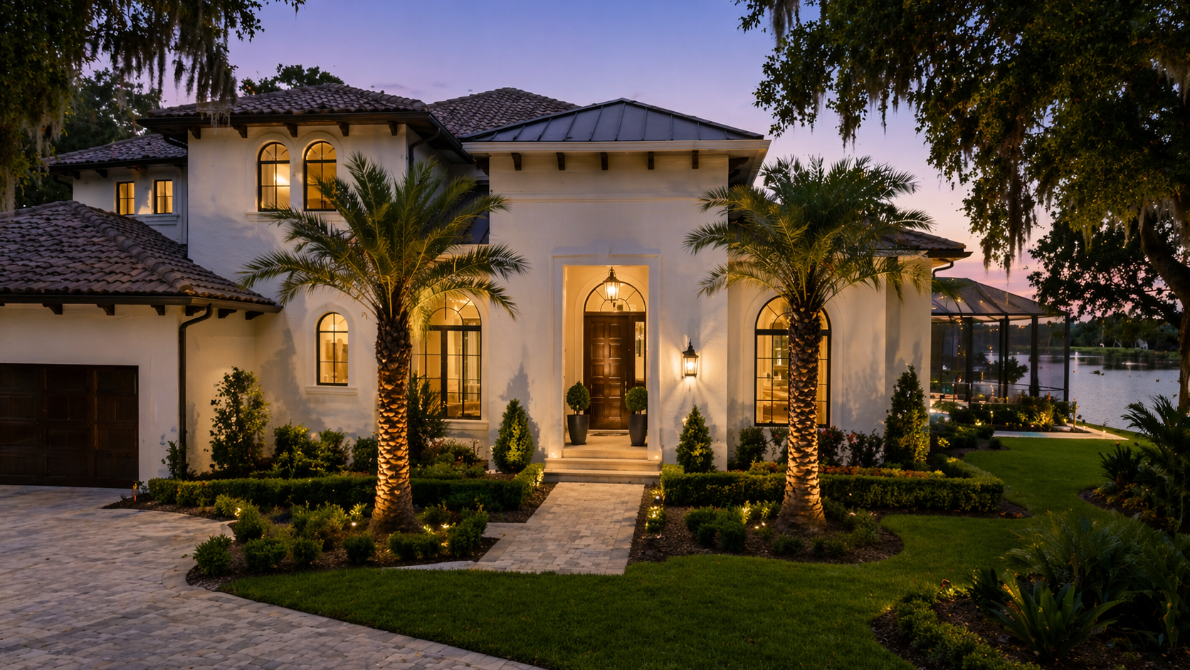 Completed luxury custom home in Central Florida with manicured landscaping, lake view, and warm interior lighting at twilight